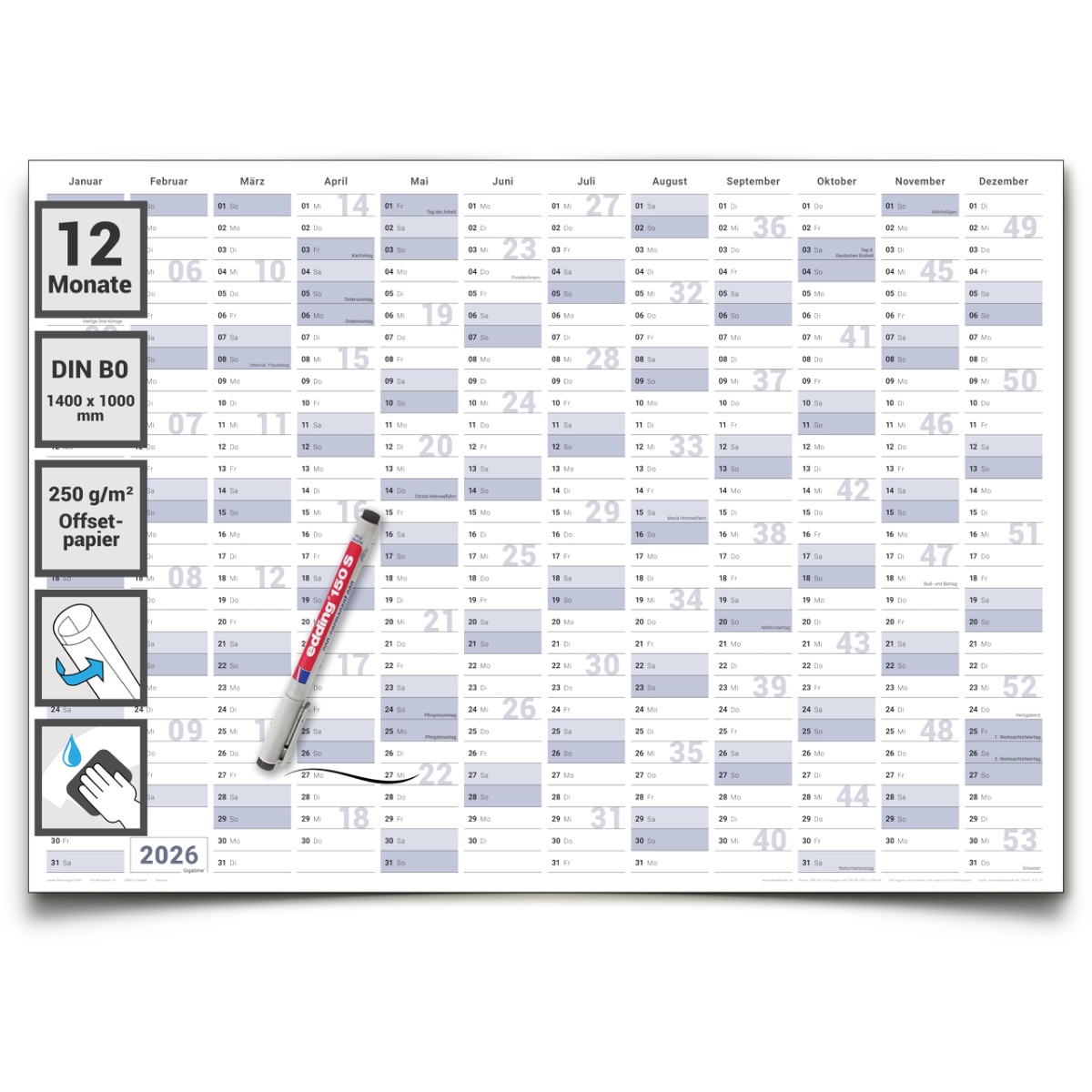 Gigatime Abwischbarer XXL Jahresplaner Wandkalender 2026. Wandplaner gerollt 140x100cm gross DIN B0 inklusive 1 Marker. Jahreskalender 2026, Kalender - deutsche Sprache - von Gigatime