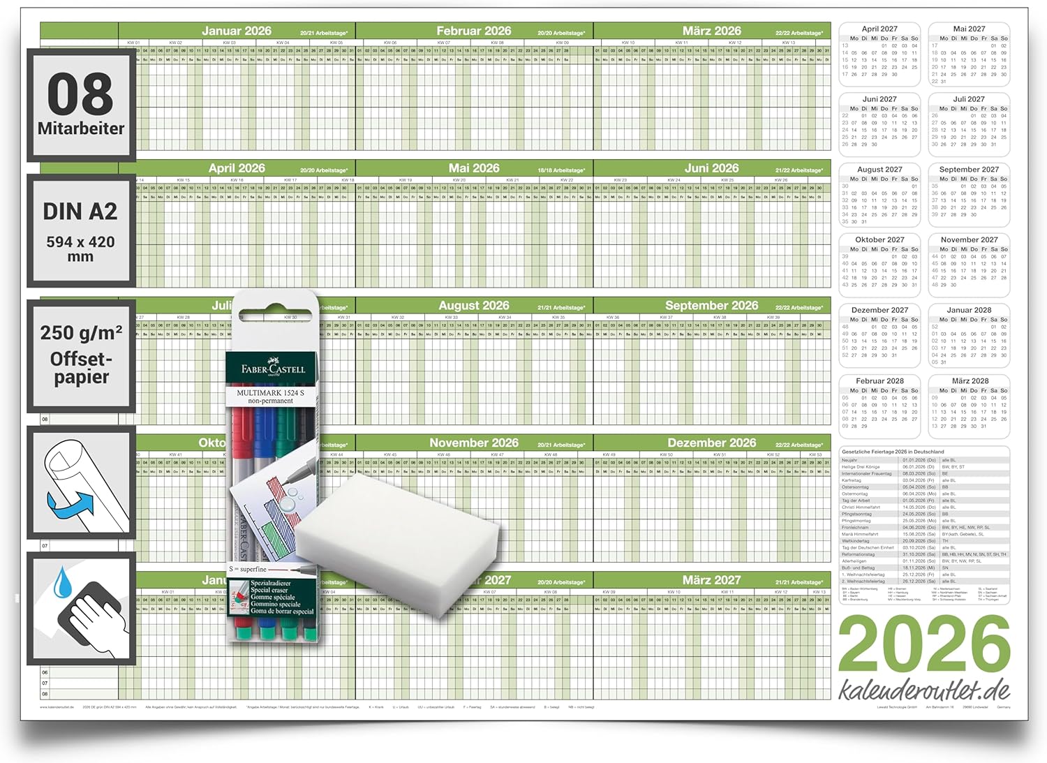 DIN A2 Personalplaner 2026 – Urlaubsplaner, Jahresplaner, Wandkalender für bis zu 8 Mitarbeiter – laminiert, feucht abwischbar – inkl. 4 non-permanent Marker – gerollt geliefert – Kalenderoutlet