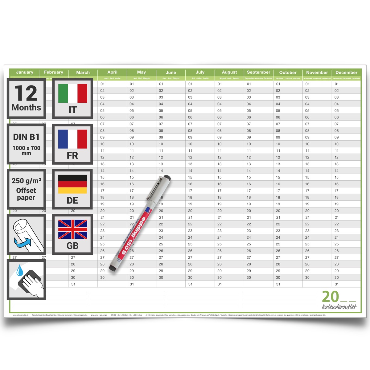 Abwischbarer Dauerkalender Geburtstagskalender immerwährender ewiger Kalender Jahresplaner (100x70cm - DIN B1) inkl. 1 Marker - GEROLLT –viersprachig