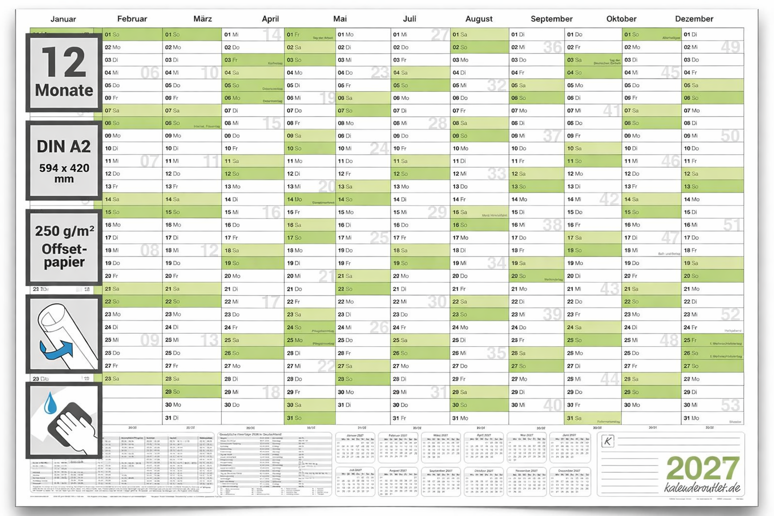 Abwischbarer Wandkalender 2027 Jahresplaner grün Format: 59,4x42,0cm – DIN A2 - GEROLLT – Wandplaner, Jahreskalender, Kalender, Poster Plakat - deutsch