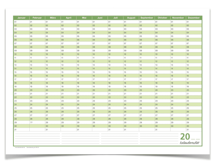 Kalenderoutlet® DIN A0 Calendrier mural/planificateur annuel vert
