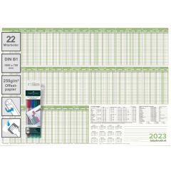 Personalplaner Urlaubsplaner Kalender 2023/24, feucht abwischbar Format DIN B1 70,0 x 100,0 cm für 22 Mitarbeiter grün mit 4 non-permanent Markern- deutsch