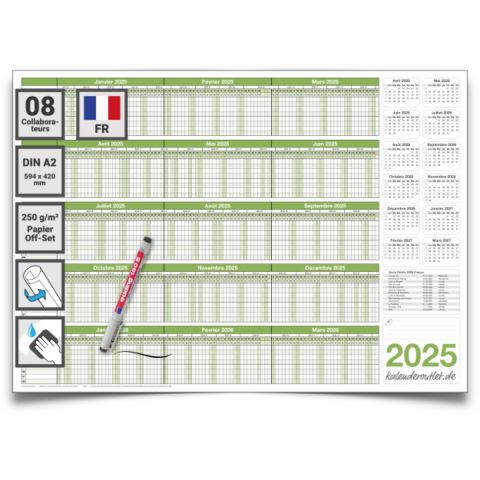KalenderoutletDIN A2 Planificateur de personnel 2025/26, planificateur de vacances 2025 effaçable à l'eau 59,4x42,0 cm pour jusqu'à 8 collaborateurs roulé avec 1 marqueur non-permanent