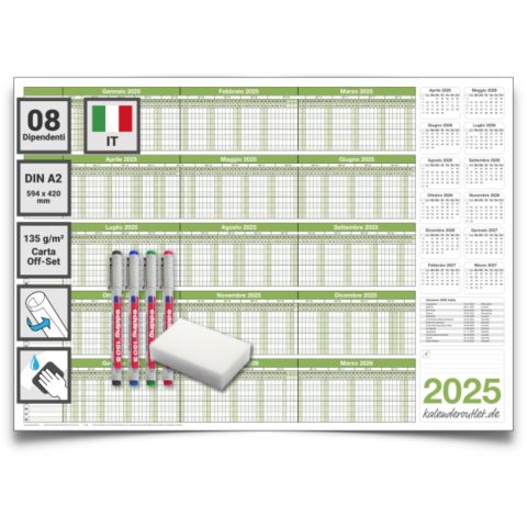 Kalenderoutlet Agenda per il personale per 8 dipendenti 2025, DIN A2 riutilizzabile con 4 pennarelli non permanenti e spugna