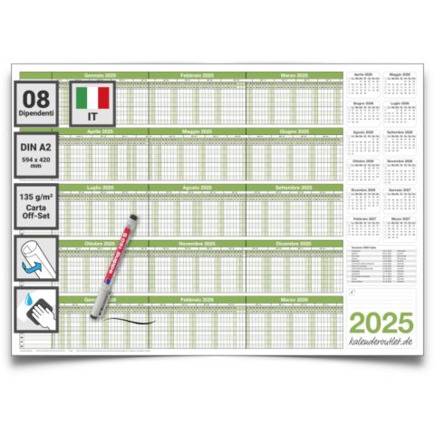 Kalenderoutlet Pianificatore del Personale per 8 Dipendenti 2025 DIN A2, Riutilizzabile con 1 Pennarello Non Permanente