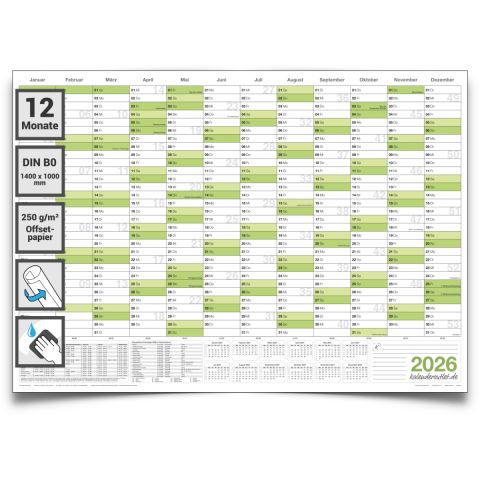 Abwischbarer Wandkalender XXL 2026 grün Jahresplaner Format: 140 x 100 cm DIN B0 - GEROLLT – korrigierbar Wandplaner, Jahreskalender, Kalender, Poster Plakat - deutsch