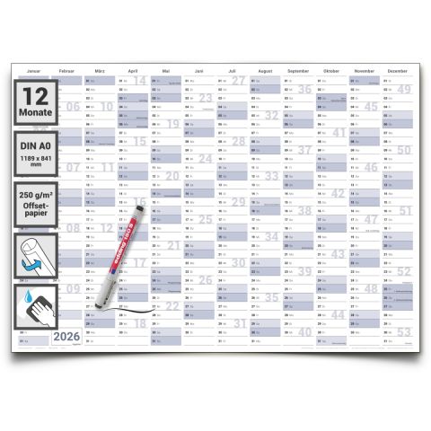 Gigatime Abwischbarer XXL Jahresplaner Wandkalender 2026. Wandplaner gerollt 118,8x84cm gross DIN A0 inklusive 1 Marker. Jahreskalender 2026, Kalender - deutsche Sprache - von Gigatime