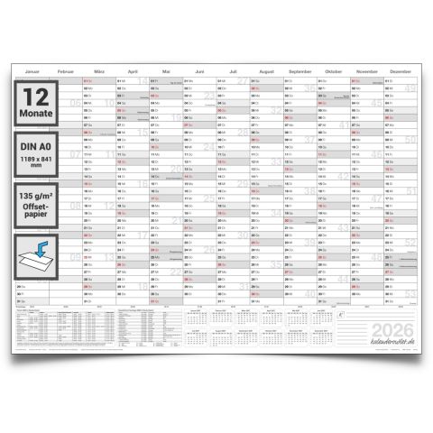 Kalenderoutlet XXL 1 DIN A0 Jahresplaner 2026, Kalender, Wandkalender 12 Monate grau 84x118cm grosser Wandplaner 2026, Jahreskalender 135g Papier gefaltet in deutscher Sprache