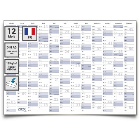 Gigatime 1 calendrier mural français, calendrier annuel, calendrier calendaire, grand poster calendrier mural 2026 - format A0-118 x 84 cm - bleu-gris-première qualité pliée