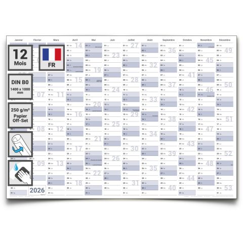 Calendrier mural annuel 2026 effaçable à l’eau 140x100 cm – planificateur professionnel grand format DIN B0 avec 4 marqueurs non permanents, éponge incluse – en français – Gigatime