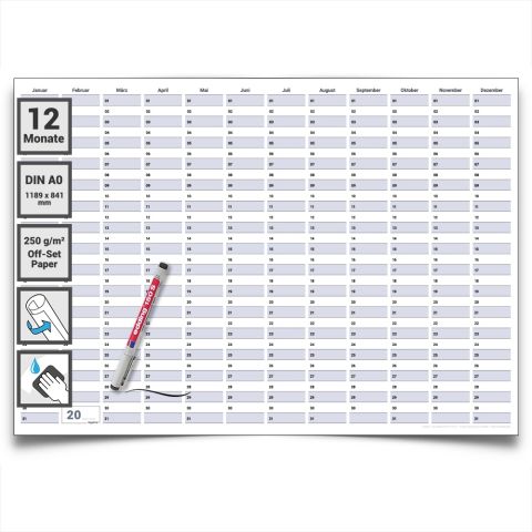 DIN A0 XXL Dauerkalender Projektplaner Geburtstagskalender 118,9 x 84,1 cm mit Marker – dauerhafter, wiederverwendbarer Jahresplaner groß & abwischbar, deutsche Sprache - von Gigatime
