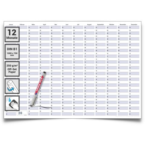 DIN B1 Dauerkalender Projektplaner Geburtstagskalender 70,0 x 100 cm mit Marker – dauerhafter, wiederverwendbarer Jahresplaner groß & abwischbar – in deutscher Sprache – von Gigatime