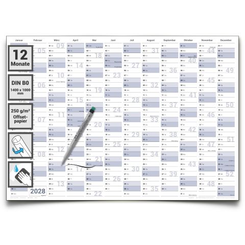 Gigatime Din B0 Abwischbarer XXXL Jahresplaner Wandkalender 2028. Wandplaner gerollt 140x100cm gross inklusive 1 Marker. Jahreskalender 2028, Kalender in deutscher Sprache von Gigatime