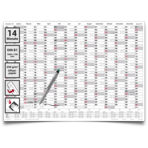 Wandkalender 2027 abwischbar B1, Jahresplaner groß, 1 Marker inklusive, abwischbar, Familienplaner, Büroplaner, Terminplaner, beschreibbar, Monatsübersicht, Teamplanung von Gigatime