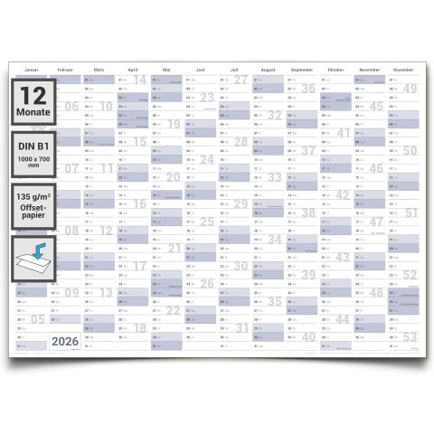 Gigatime Din B1 XL Jahresplaner Wandkalender 2026. Wandplaner gefaltet 100 x 70 cm gross, Jahreskalender Kalender in deutscher Sprache