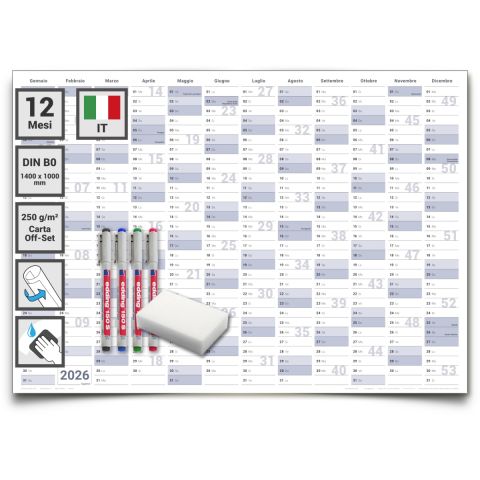Calendario murale annuale 2026 cancellabile ad acqua 140x100 cm – planner da parete professionale formato XXL DIN B0 con 4 pennarelli non permanenti e spugna – in italiano – Gigatime