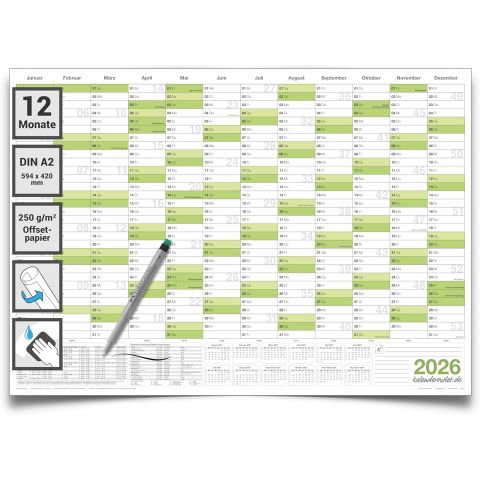 Wandkalender feucht abwaschbar 2026 Jahresplaner grün Format: 59,4x42,0cm DIN A2 inkl. 1 Marker - GEROLLT – Wandplaner, Jahreskalender, Kalender, Poster Plakat - deutsch