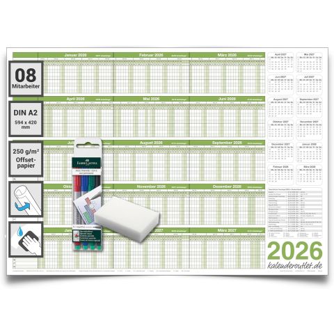 DIN A2 Personalplaner 2026 – Urlaubsplaner, Jahresplaner, Wandkalender für bis zu 8 Mitarbeiter – laminiert, feucht abwischbar – inkl. 4 non-permanent Marker – gerollt geliefert – Kalenderoutlet