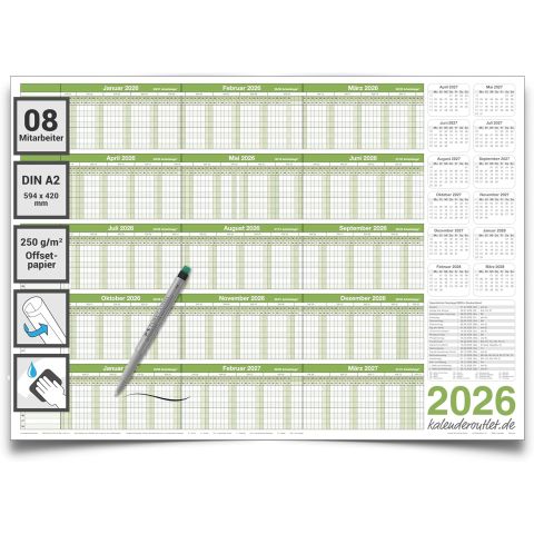 DIN A2 Personalplaner 2026 – Urlaubsplaner, Jahresplaner, Wandplaner für Büro & Praxis – abwischbar, laminiert – 59,4x42,0 cm für bis zu 8 Mitarbeiter – inkl. Marker – gerollt – Kalenderoutlet