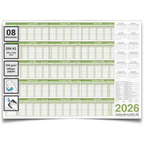 Personalplaner 2026 DIN A2 – Urlaubsplaner, Jahresplaner, Wandkalender für bis zu 8 Mitarbeiter – folienkaschiert, feucht abwischbar, beschreibbar – 59,4 x 42,0 cm – gerollt geliefert – Kalenderoutlet