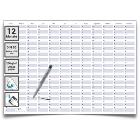 Dauerkalender / Geburtstagskalender Format DIN B0 140,0 x 100,0 cm mit Marker dauerhaft wiederverwendbar, Jahresplaner abwischbar - deutsch