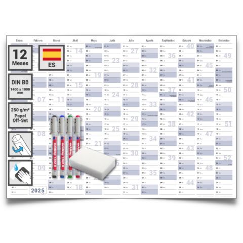 1 calendario mural/anual 2025 Formato: DIN B0 140,0 x 100,0 cm, azul/gris, lavable con agua con 1 x 4 rotuladores no permanentes con esponja - Español
