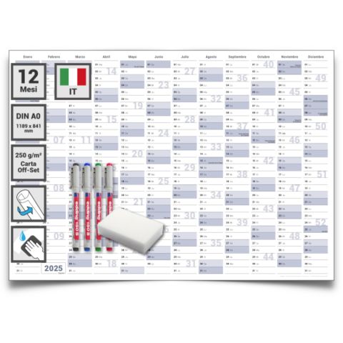 1 Calendario da parete/organizzatore annuale 2025 Formato: DIN B0 140,0 x 100,0 cm, blu/grigio, salvietta umida con 4 pennarelli non permanenti con spugna - italiano