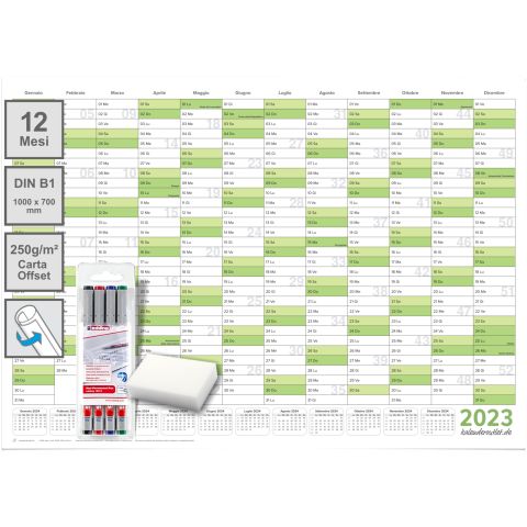 5 Calendari da parete lavabili 2023 Planner verde B1 100,0 x 70,0 cm ciascuno con 5x4 pennarelli ARROTOLATO - calendario da parete, calendario annuale, calendario - italiano