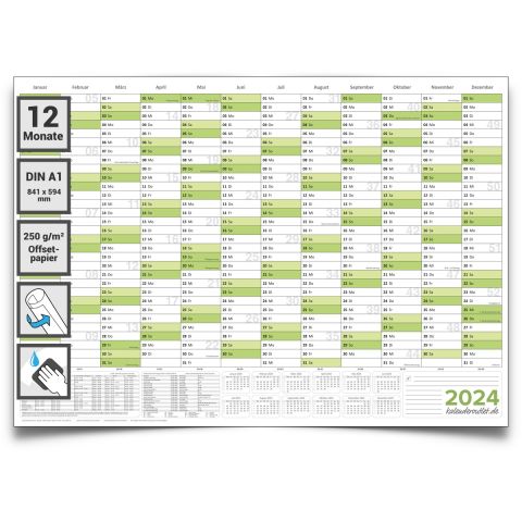 Abwischbarer Wandkalender 2025 Jahresplaner grün Format: 84,0x59,0cm DIN A1 - GEROLLT – Wandplaner, Jahreskalender, Poster Plakat - deutsch