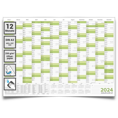 Abwischbarer Wandkalender 2025 Jahresplaner grün Format: 42,0x29,7cm – DIN A3 - GEROLLT – Wandplaner, Jahreskalender, Poster Plakat - deutsch