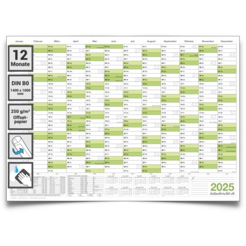 Abwischbarer Wandkalender XXL 2025 grün Jahresplaner Format: 140 x 100 cm DIN B0 - GEROLLT – korrigierbar Wandplaner, Jahreskalender, Kalender, Poster Plakat - deutsch