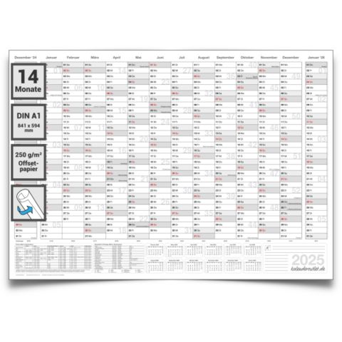 Wandkalender 2025 mit 14 Monaten Übersicht Jahresplaner grau Format: 84,0x59,0cm DIN A1– Wandplaner, Jahreskalender, Poster Plakat - deutsch