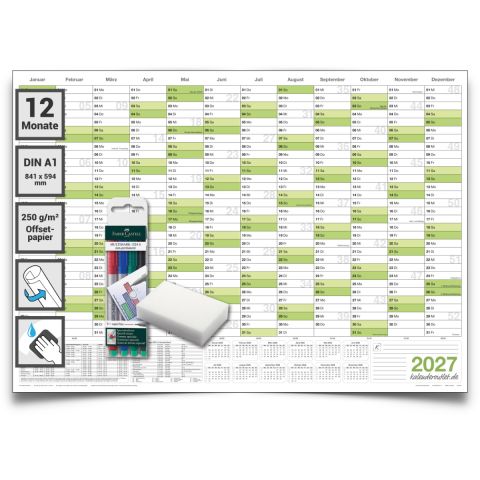 Kalenderoutlet  DIN A1 abwischbarer Wandkalender 2027 gerollt 84,0x59,0 cm groß inklusive 4 Marker und Schwamm. Wandplaner ist feucht korrigierbar, Jahresplaner in deutscher Sprache