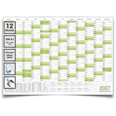 Kalenderoutlet DIN A1 abwischbarer Wandkalender 2027 gerollt 84,0x59,0 cm groß. Kalender Wandplaner ist feucht korrigierbar, Jahresplaner in deutscher Sprache