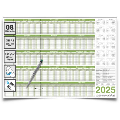 Personalplaner Urlaubsplaner 2025/26 Planer ist feucht abwischbar DIN A2 59,4 x 42,0 CM für bis zu 8 Mitarbeiter mit 1 non-permanent Marker GEROLLT
