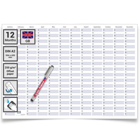 Dauerkalender / Geburtstagskalender Format DIN A2 59,4 x 42,0 cm mit Marker dauerhaft wiederverwendbar, Jahresplaner abwischbar - Englisch