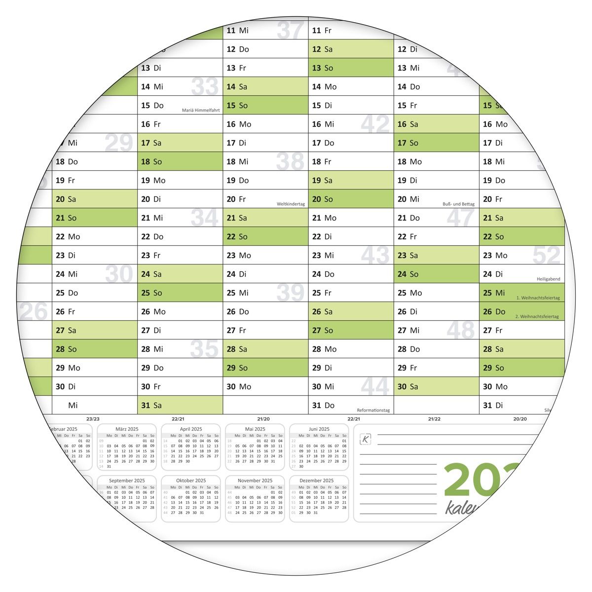 Abwischbarer Wandkalender 2026 Jahresplaner grün Format: 84,0x59,0cm
