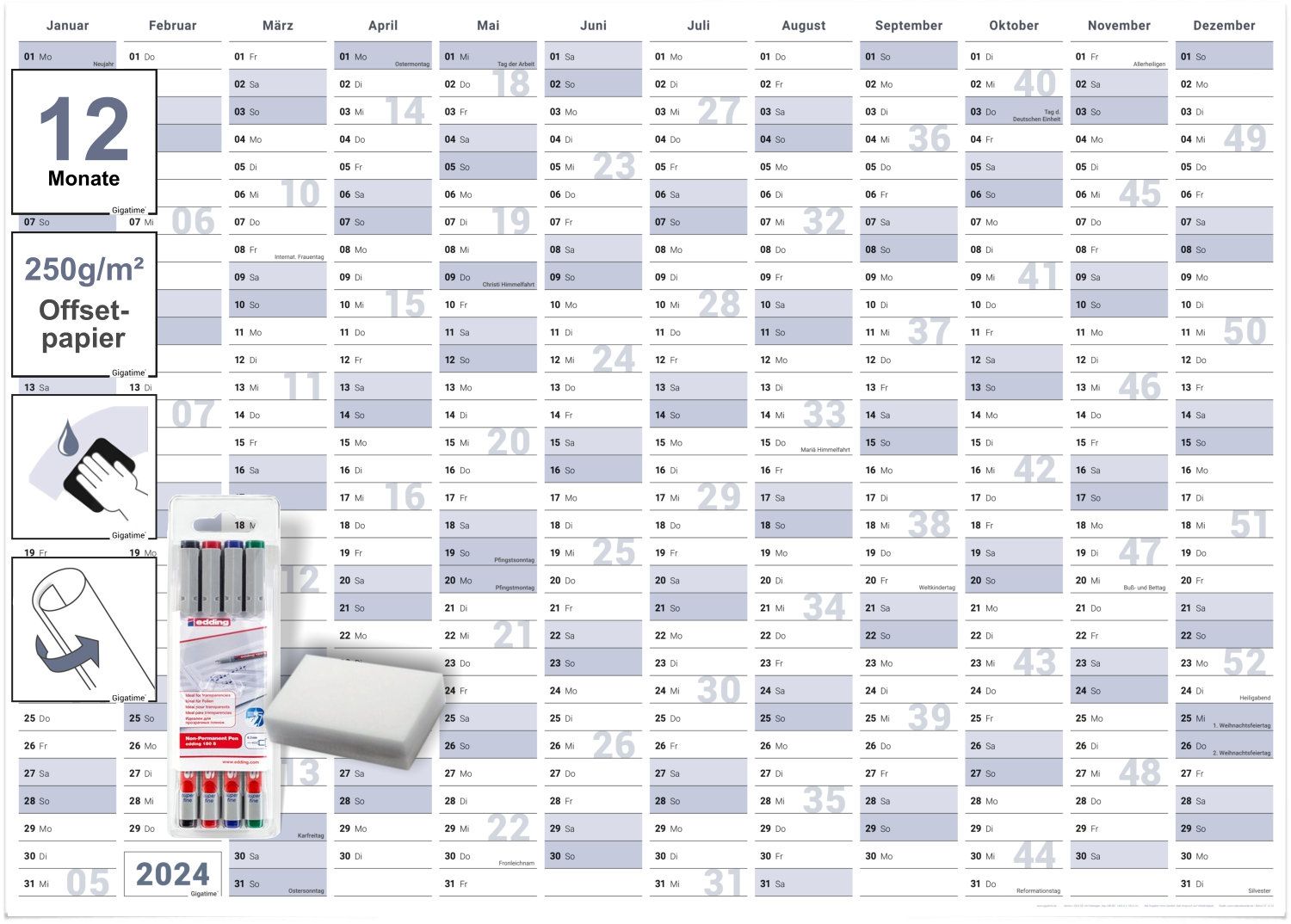 Abwischbarer XXXL Jahresplaner Wandkalender 2024. Wandplaner gerollt 