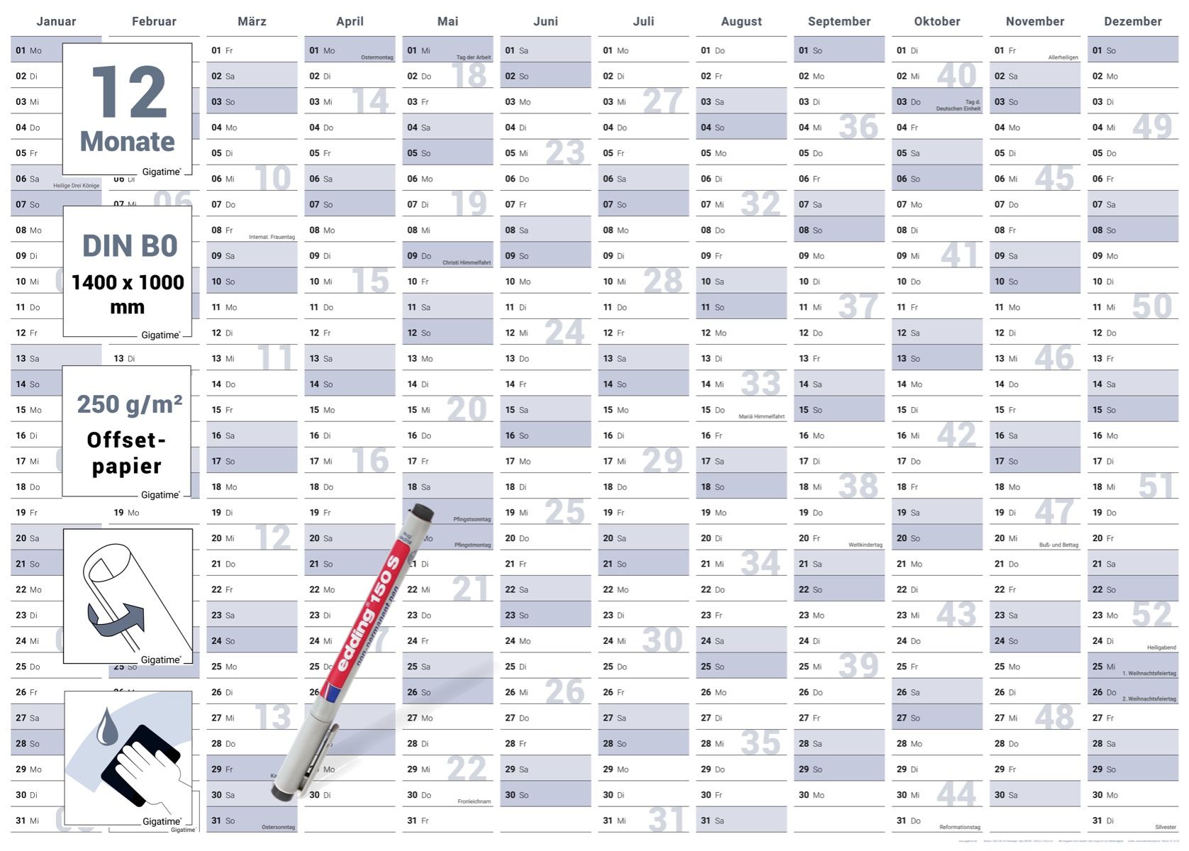 Abwischbarer XXXL Jahresplaner Wandkalender 2024. Wandplaner gerollt 