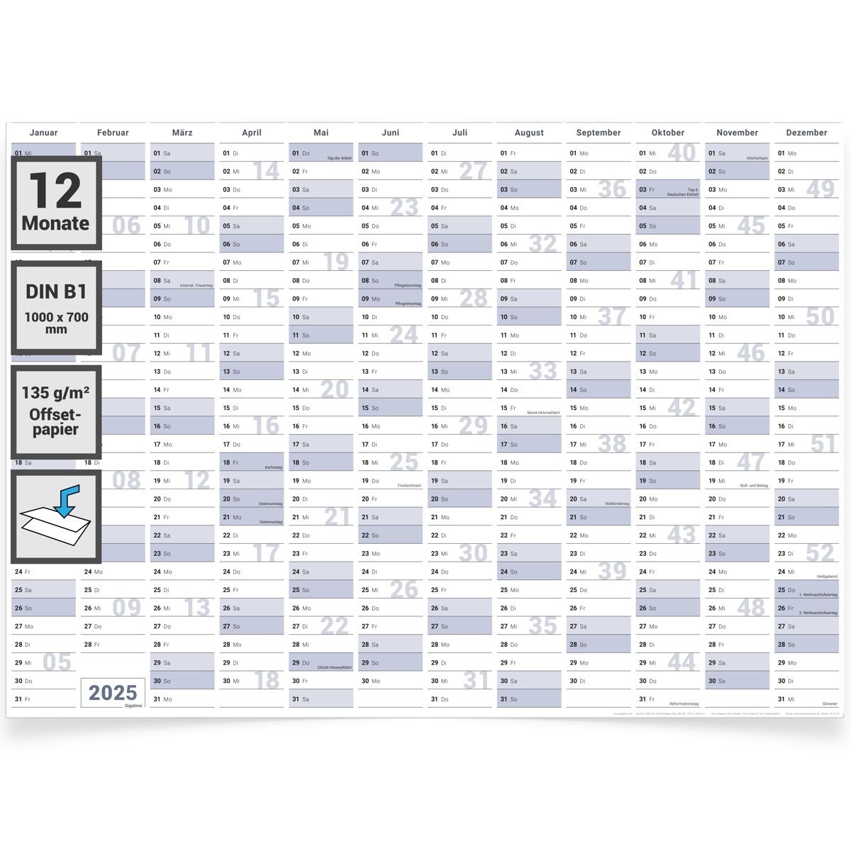 Gigatime ® Din B1. Wandkalender 2025 Jahresplaner Format 100, x 70,0 cm Kalender 2025 in