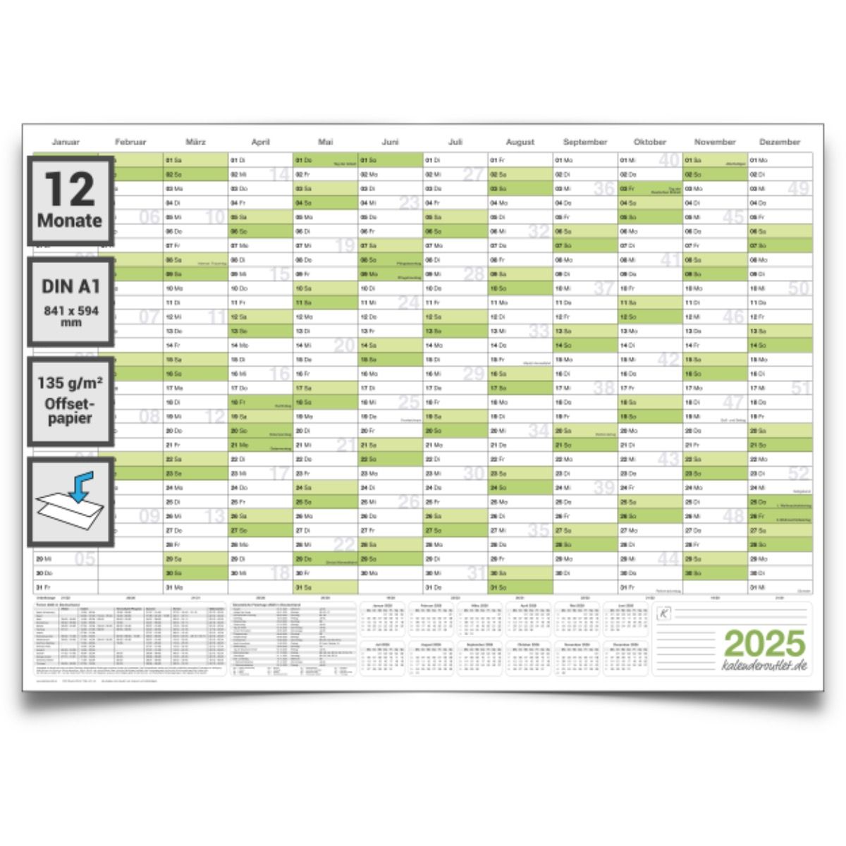 Wandkalender 2025 Jahresplaner Format 84,0 x 59,0cm DIN A1 GEFALTET Wandplaner