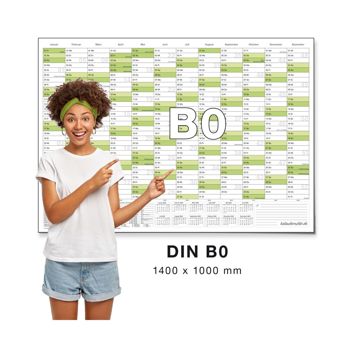 1 Agenda mural effaçable Calendrier mural planner vert 2024 (100,0 x 70,0  cm avec 1 x 4 marqueurs) enroulé - calendrier mural, calendrier annuel,  calendrier - français