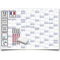 Calendrier mural annuel 2026 effaçable à l’eau 140x100 cm – planificateur professionnel grand format DIN B0 avec 4 marqueurs non permanents, éponge incluse – en français – Gigatime