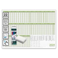 Personalplaner Urlaubsplaner Kalender 2024/25, feucht abwischbar Format DIN B1 70,0 x 100,0 cm für 22 Mitarbeiter grün mit 4 non-permanent Markern- deutsch