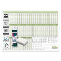 Personalplaner Urlaubsplaner Kalender 2024/25, feucht abwischbar Format DIN B1 70,0 x 100,0 cm für 22 Mitarbeiter grün mit 4 non-permanent Markern- deutsch