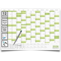 Wandkalender feucht abwaschbar 2026 Jahresplaner grün Format: 59,4x42,0cm DIN A2 inkl. 1 Marker - GEROLLT – Wandplaner, Jahreskalender, Kalender, Poster Plakat - deutsch