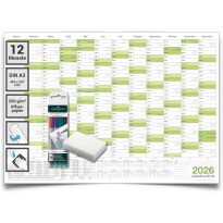 Abwischbarer Wandkalender 2026 Jahresplaner grün Format: 42,0x29,7cm – DIN A3 inkl. 4 Marker - GEROLLT – Wandplaner, Jahreskalender, korrigierbar Poster Plakat - deutsch