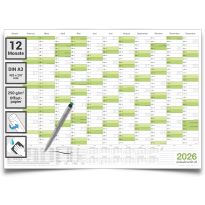 Abwischbarer Wandkalender 2026 Jahresplaner grün Format: 42,0x29,7cm – DIN A3 inkl. 1 Marker - GEROLLT – Wandplaner, Jahreskalender, korrigierbar Poster Plakat - deutsch