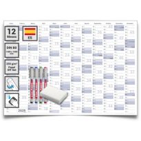 1 calendario mural/anual 2025 Formato: DIN B0 140,0 x 100,0 cm, azul/gris, lavable con agua con 1 x 4 rotuladores no permanentes con esponja - Español