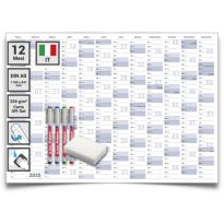 1 Calendario da parete/organizzatore annuale 2025 Formato: DIN B0 140,0 x 100,0 cm, blu/grigio, salvietta umida con 4 pennarelli non permanenti con spugna - italiano